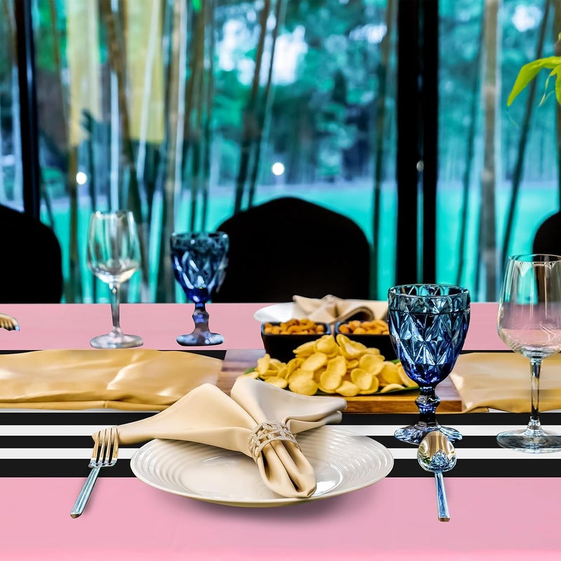 Oudain 3 Pcs Striped Tablecloth 108 x 54 Inch Rectangle Table Cover Disposable Plastic Table Cloth Waterproof Rectangle Tablecloth Plastic Table Cover for Birthday Wedding Brida (Black White Pink) - Image 5
