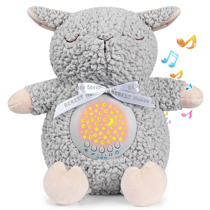 BEREST Baby Sleep Soother Sheep Moms Heartbeat Cry Sensor Lullabies White Noise Sound Machine Nursery Decor Night Light Projector Toddler Crib Sleeping Aid Babies Shower Gifts Stuffed Animal