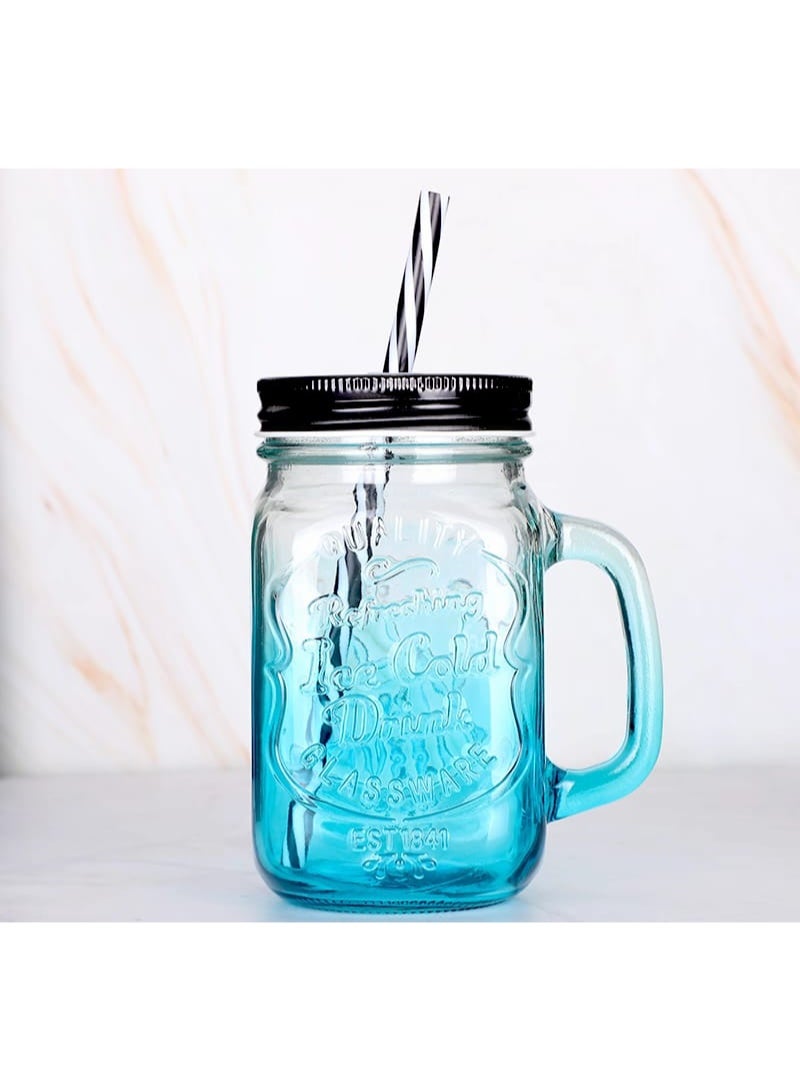 Glass Drinking Jar with Lid & Straw – Colorful Design