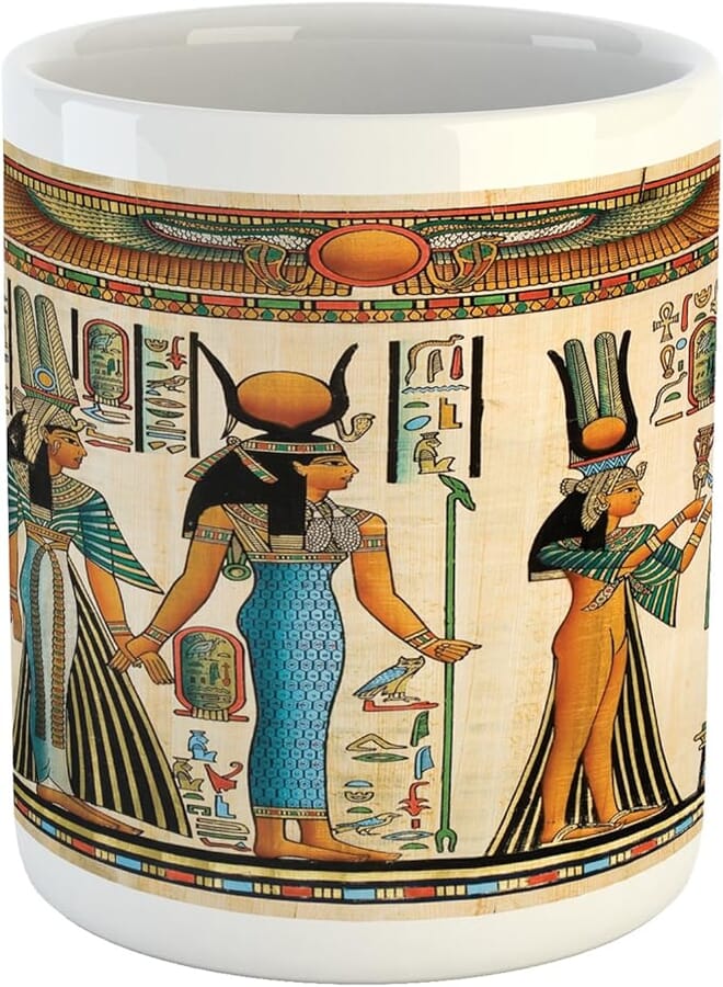Lunarable Egyptian Print Mug, Egyptian Papyrus Depicting Queen Nefertari Making an Offering to Image, Ceramic Coffee Mug Cup for Water Tea Drinks, 11 oz, Teal Orange