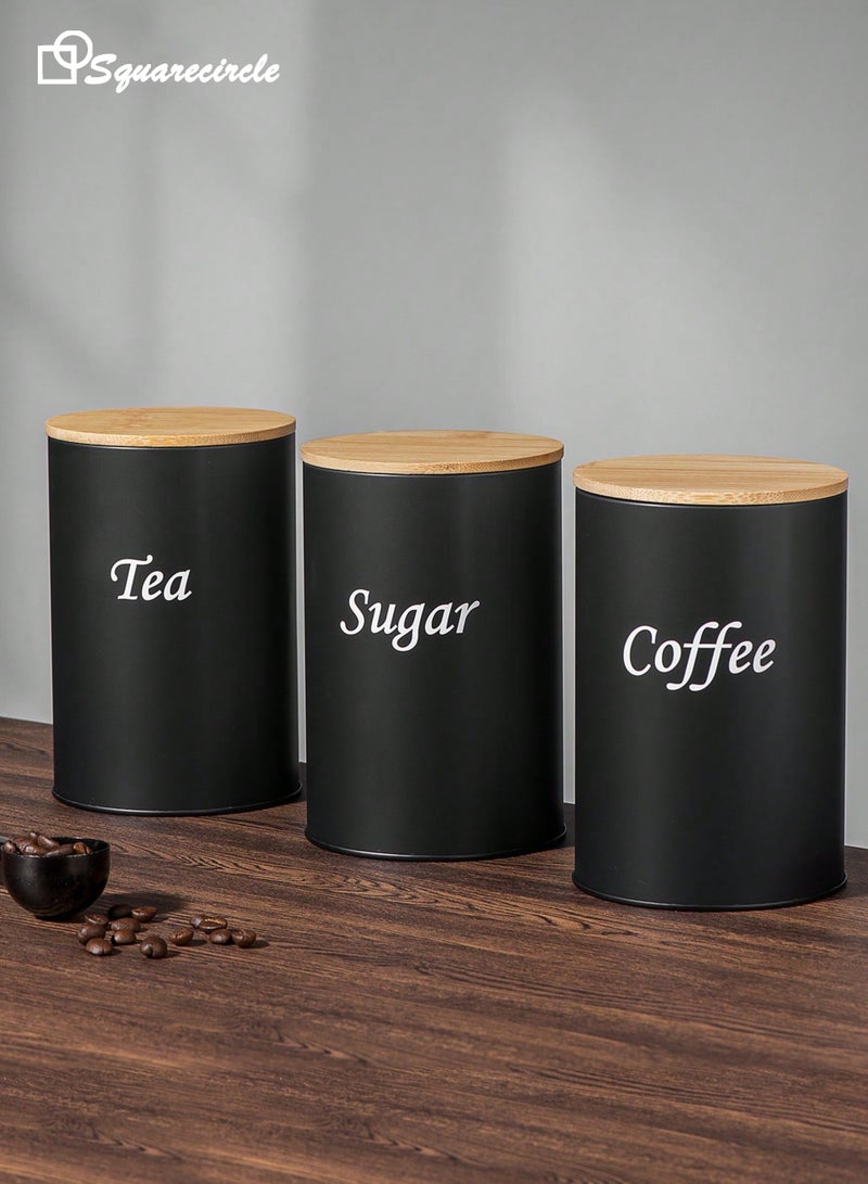 Squarecircle 3-Piece Coffee, Tea & Sugar Storage Canister Set, Airtight Metal Tins with Bamboo Lids for Kitchen, Arabic Coffee Beans, Snacks & Dry Food - Image 1