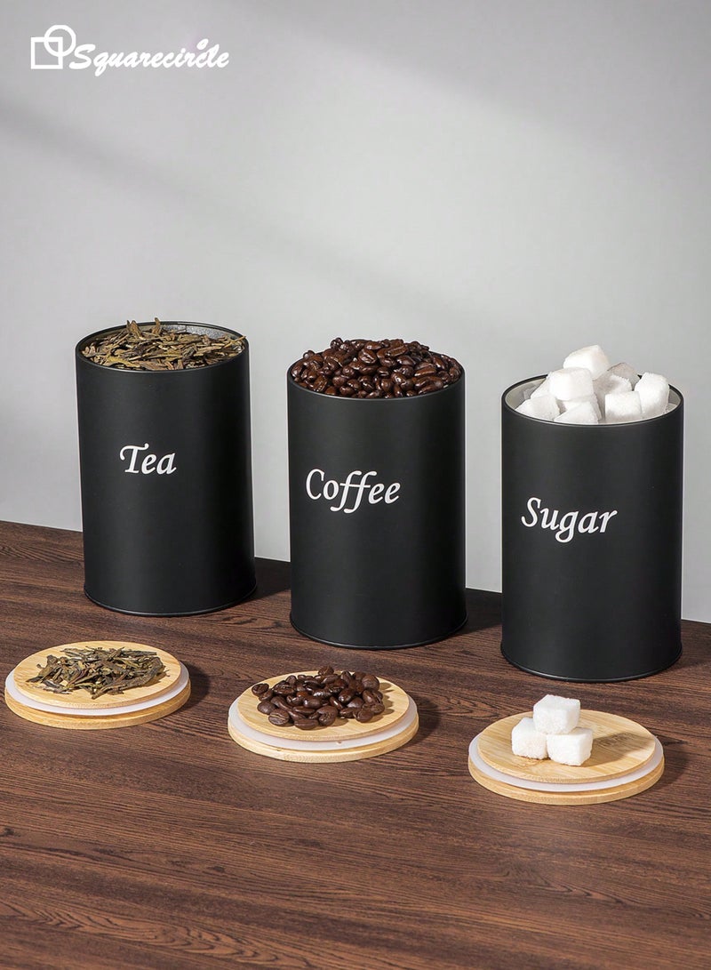 Squarecircle 3-Piece Coffee, Tea & Sugar Storage Canister Set, Airtight Metal Tins with Bamboo Lids for Kitchen, Arabic Coffee Beans, Snacks & Dry Food - Image 2
