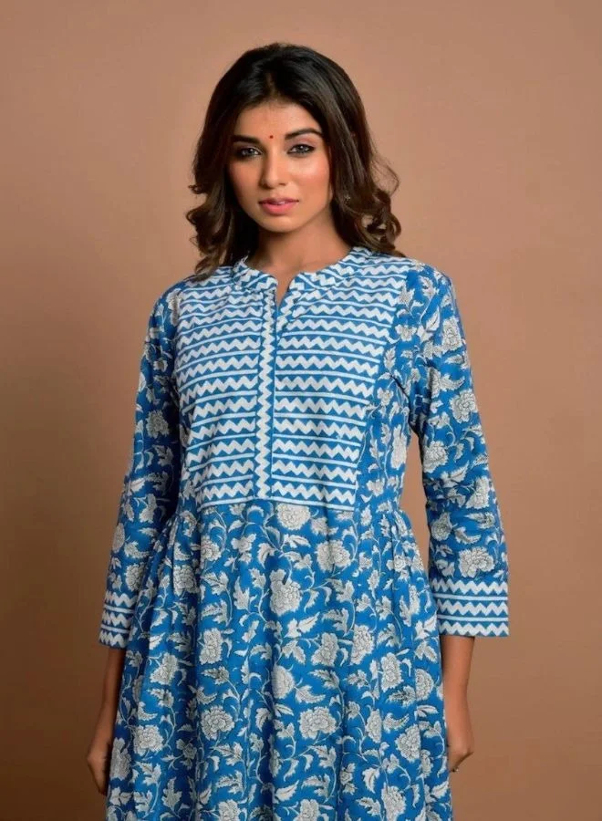 زيري سوق Blue Floral Flared Kurta & Palazzo Pair