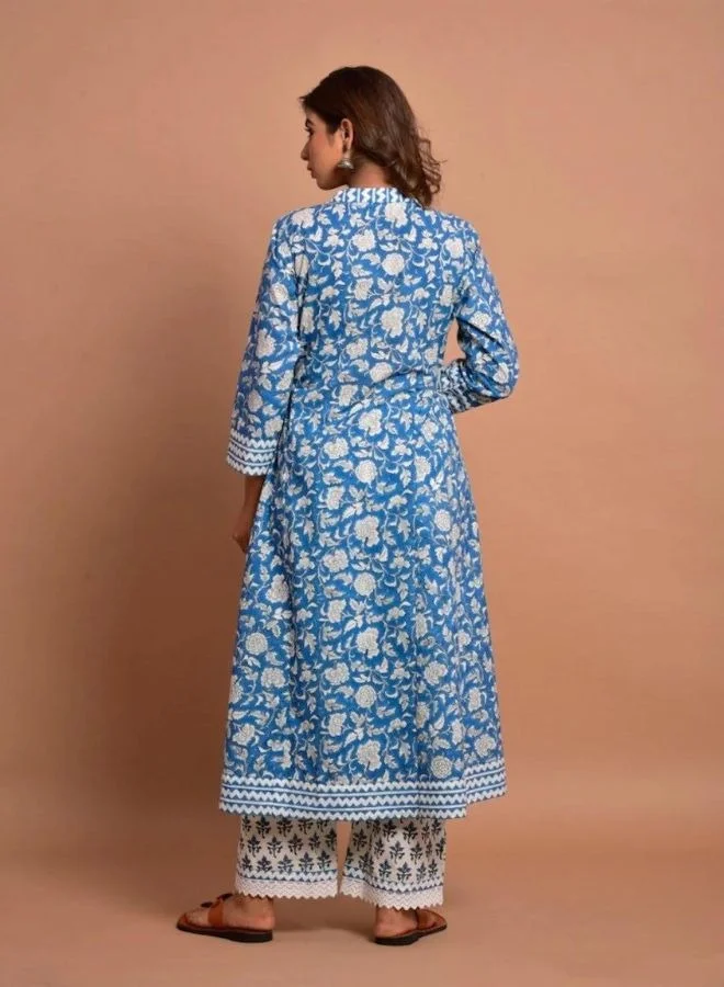 زيري سوق Blue Floral Flared Kurta & Palazzo Pair