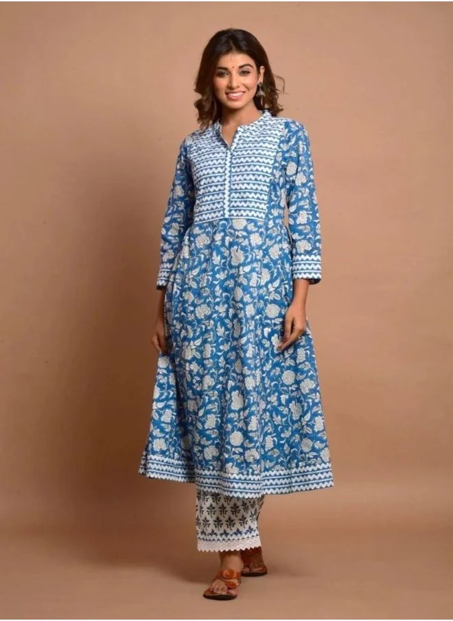 ZERESOUQ Blue Floral Flared Kurta & Palazzo Pair