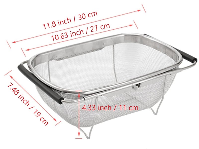AJIODA Over The Sink Colander 4 Quart Stainless Steel Oval Colander with Expandable Rubber Grip Handles Fine Mesh Strainer Baskets Kitchen Colander for Strain Drain Rinse Vegetables Fruits - Image 3