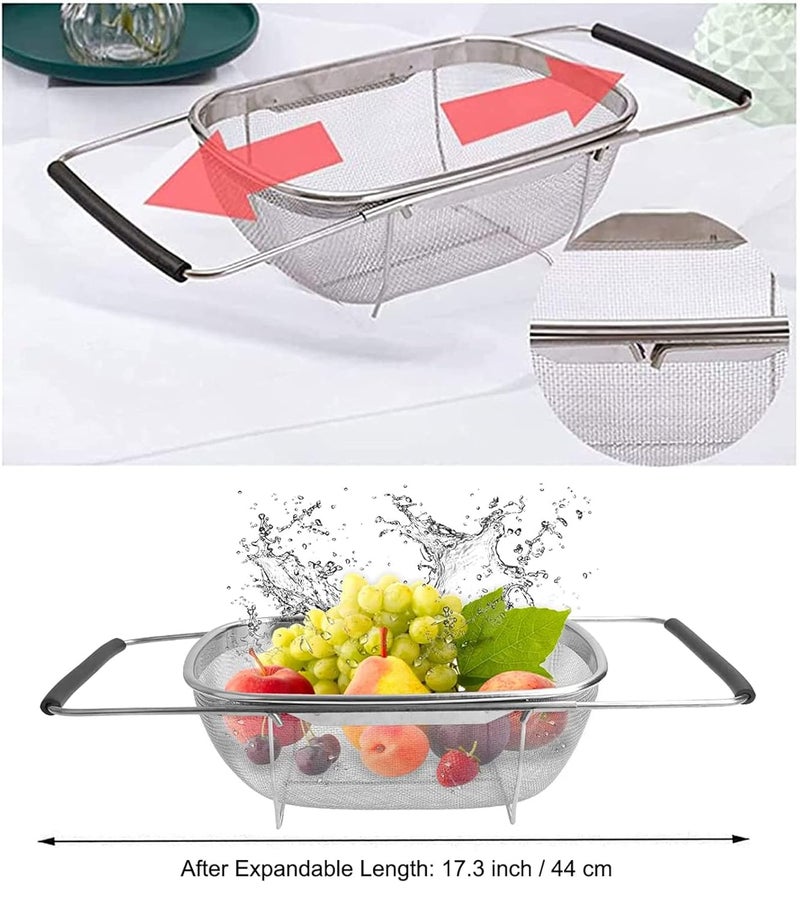 AJIODA Over The Sink Colander 4 Quart Stainless Steel Oval Colander with Expandable Rubber Grip Handles Fine Mesh Strainer Baskets Kitchen Colander for Strain Drain Rinse Vegetables Fruits - Image 2