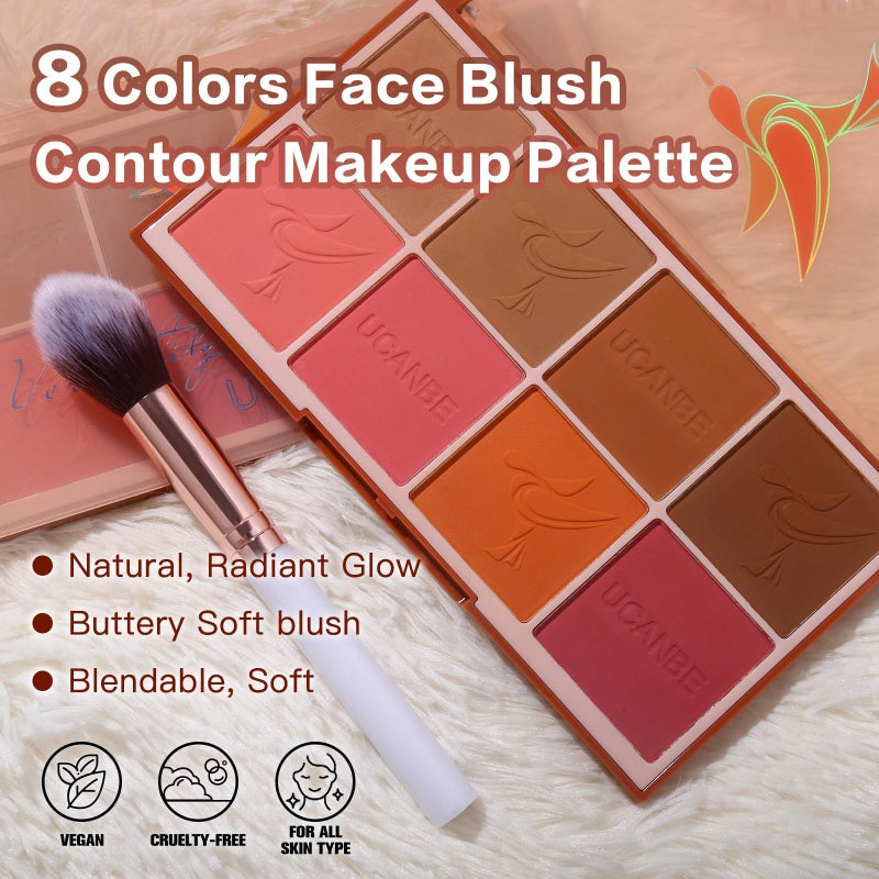 MARBUROLY 8 Colors Face Matte Blush Palette Shading Blusher - Buildable Facial Cheek Blusher Contour Bronzing Pressed Powder Makeup Pallet Women Gift Set (8 Colors Blush Contour Palette with brush) - Image 2