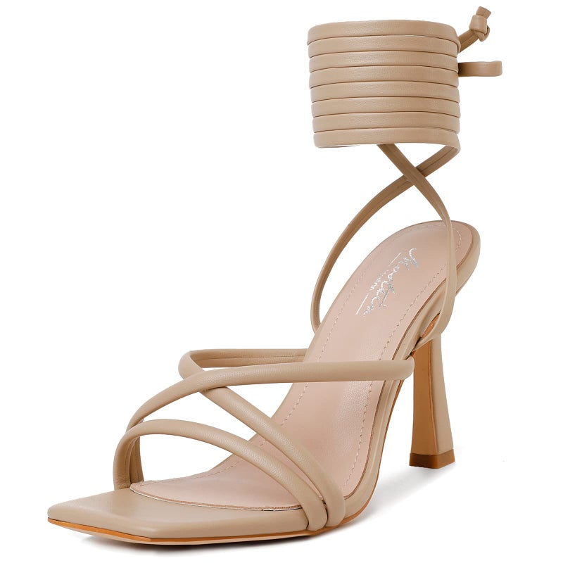 Mostrin Nude Strappy Heels for Women Lace Up Heels Tie Up Stiletto Heeled Sandals Square Open Toe High Heels for Prom, Party and Weddings Size 8 - Image 1