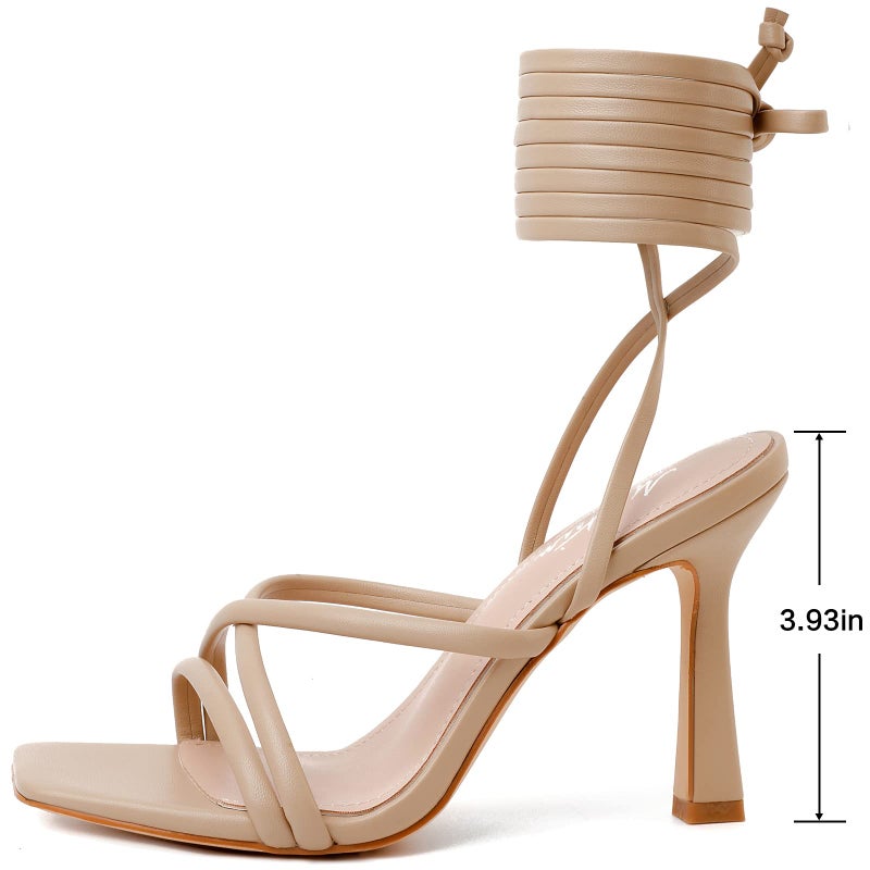 Mostrin Nude Strappy Heels for Women Lace Up Heels Tie Up Stiletto Heeled Sandals Square Open Toe High Heels for Prom, Party and Weddings Size 8 - Image 4