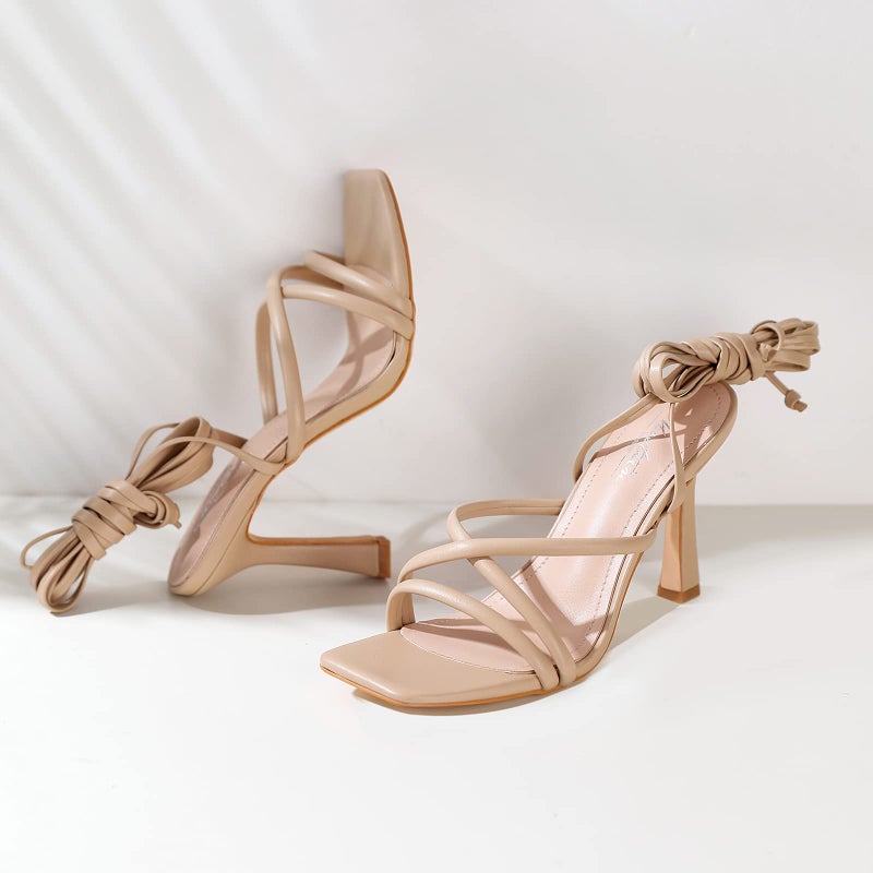 Mostrin Nude Strappy Heels for Women Lace Up Heels Tie Up Stiletto Heeled Sandals Square Open Toe High Heels for Prom, Party and Weddings Size 8 - Image 3