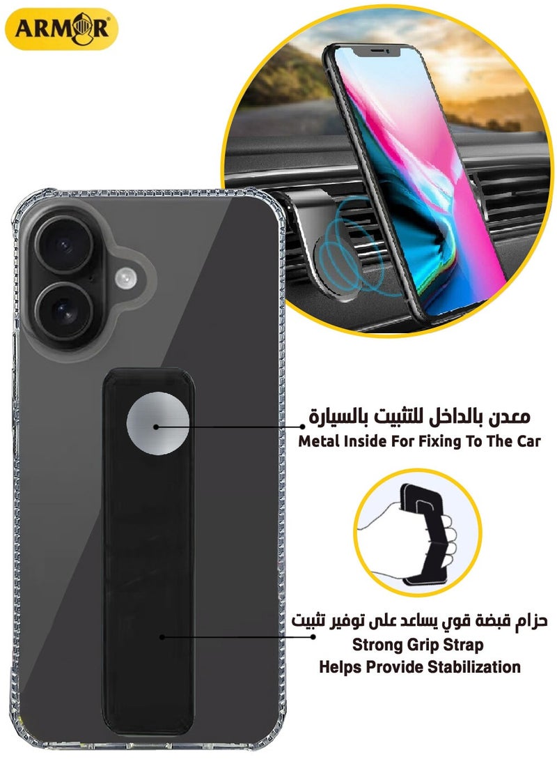 Generic - Case Cover For Apple iPhone 16 With Magnetic Hand Grip 3 in 1 Clear / Black - Image 1