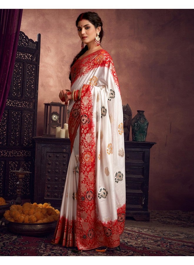 SIRIL Women's Cotton Silk Jacquard Zari Work Durga Puja Bengali Saree With Unstitched Blouse Piece (3879S102_White & Red) - Image 2