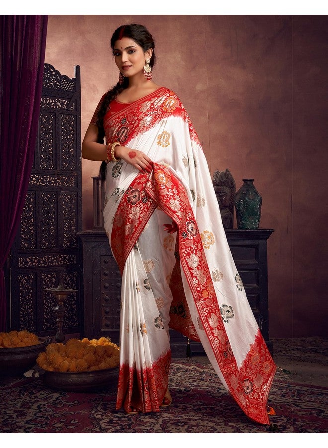 SIRIL Women's Cotton Silk Jacquard Zari Work Durga Puja Bengali Saree With Unstitched Blouse Piece (3879S102_White & Red) - Image 4