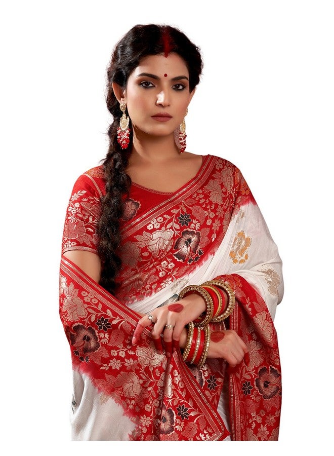 SIRIL Women's Cotton Silk Jacquard Zari Work Durga Puja Bengali Saree With Unstitched Blouse Piece (3879S102_White & Red) - Image 1