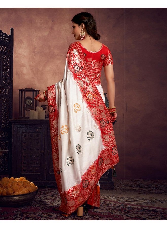 SIRIL Women's Cotton Silk Jacquard Zari Work Durga Puja Bengali Saree With Unstitched Blouse Piece (3879S102_White & Red) - Image 5