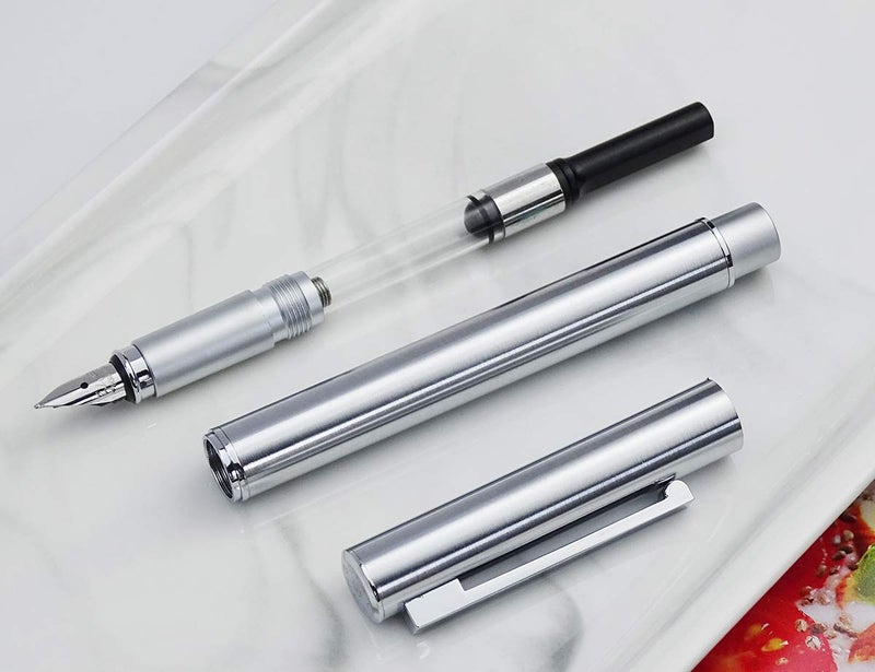 Asvine Hongdian 516 Stainless Steel Fountain Pen Fine Nib, Classic Design with Converter and Pen Pouch - Image 5