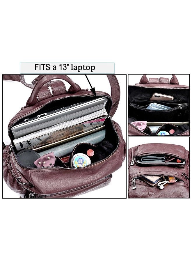 UTO Women Backpack Purse PU Washed Leather Convertible Ladies Rucksack Tassel Zipper Pocket Shoulder Bag Purple - Image 4