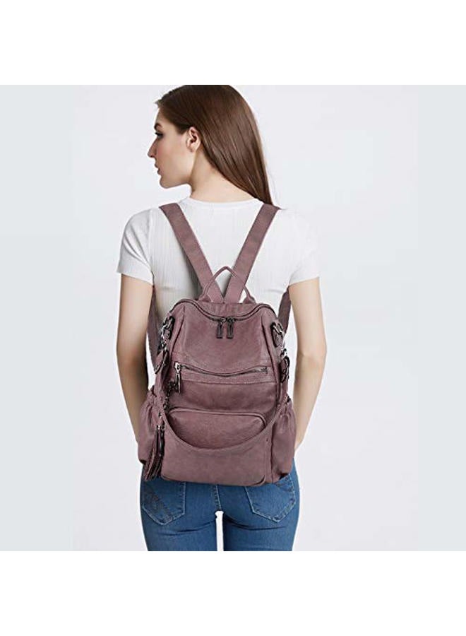 UTO Women Backpack Purse PU Washed Leather Convertible Ladies Rucksack Tassel Zipper Pocket Shoulder Bag Purple - Image 2