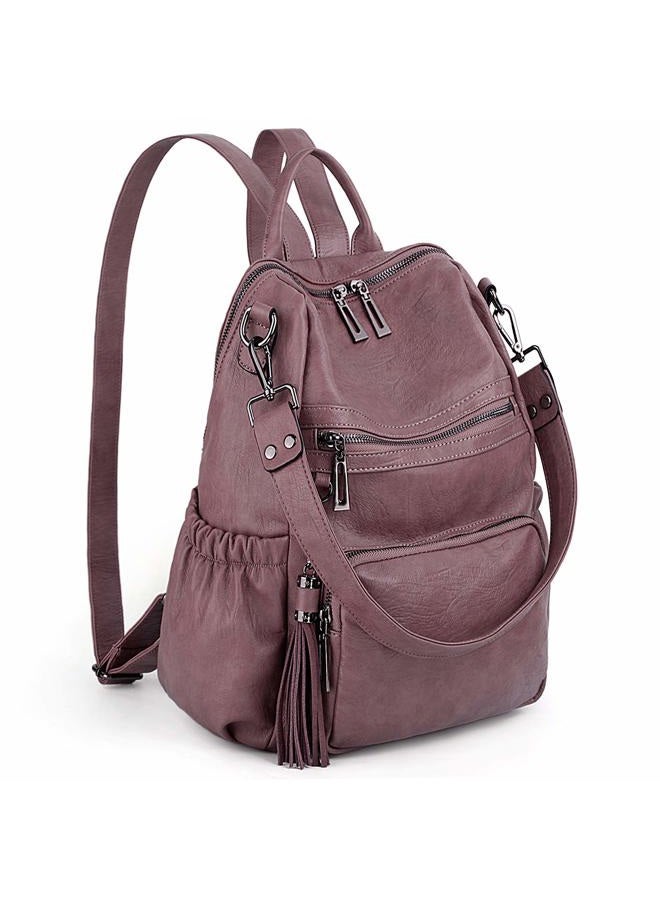 UTO Women Backpack Purse PU Washed Leather Convertible Ladies Rucksack Tassel Zipper Pocket Shoulder Bag Purple - Image 1