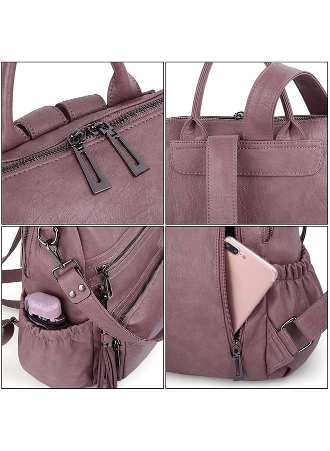 UTO Women Backpack Purse PU Washed Leather Convertible Ladies Rucksack Tassel Zipper Pocket Shoulder Bag Purple - Image 5