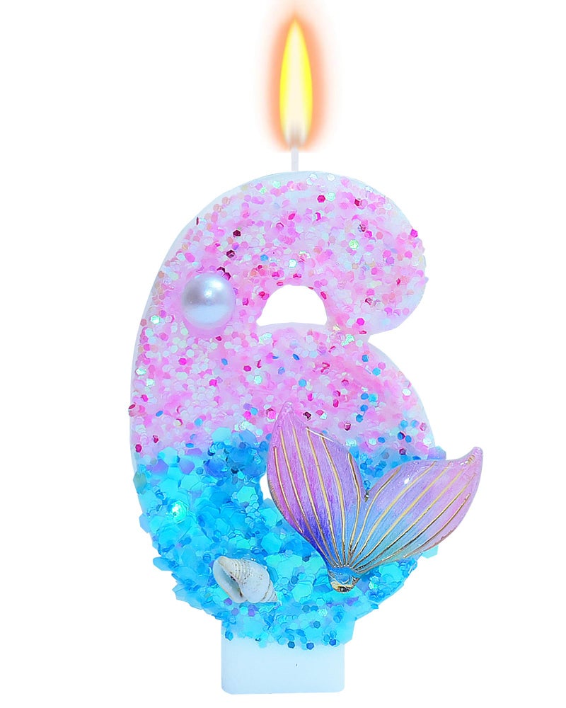 fauaoy Mermaid Themed Birthday Candles, Number 6 Girls Glitter Birthday Party Supplies,Anniversary Party Decor,2.87 inch Cake Topper Decorations (Mermaid Themed, Number 6) - Image 1