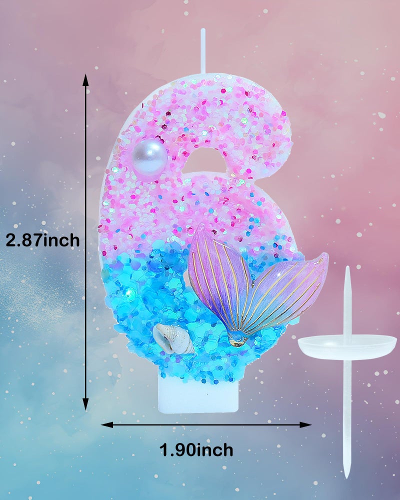 fauaoy Mermaid Themed Birthday Candles, Number 6 Girls Glitter Birthday Party Supplies,Anniversary Party Decor,2.87 inch Cake Topper Decorations (Mermaid Themed, Number 6) - Image 3