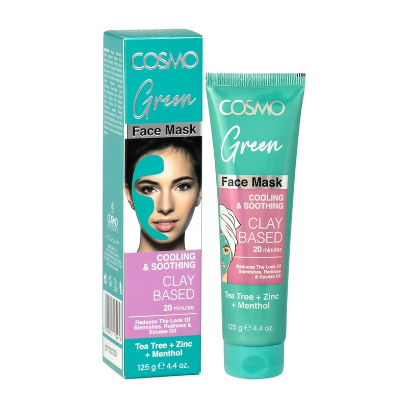 COSMO قناع الوجه المهدئ والمنعش من طين الكوسمو 125 جرام أخضر، يقلل من العيوب والزيوت الزائدة شجرة الشاي + زنك + منتول - Image 2