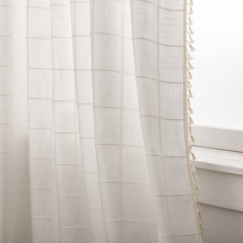 Deeprove White Boho Curtains for Bedroom 96 Inches Long  Cream Checkered Bohemian Chic Textured Embroidery Plaids  Vintage Handmade Tassels Country Decor Drapery  Rod Pocket  1 Panel W52 x L96 - Image 1