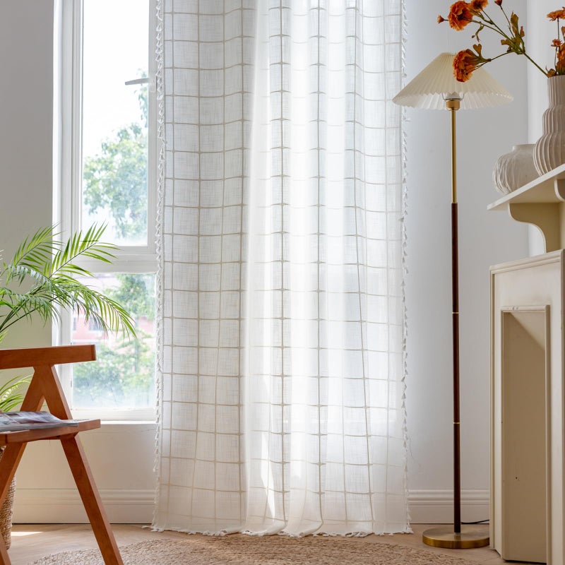 Deeprove White Boho Curtains for Bedroom 96 Inches Long  Cream Checkered Bohemian Chic Textured Embroidery Plaids  Vintage Handmade Tassels Country Decor Drapery  Rod Pocket  1 Panel W52 x L96 - Image 3