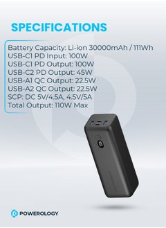 باورولوجي باور بانك أونيكس ثنائي USB-C 30000 مللي أمبير PD 100 وات / حماية مدمجة / شاحن للكمبيوتر المحمول - أسود  - Image 4