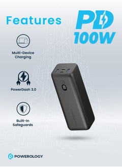 باورولوجي باور بانك أونيكس ثنائي USB-C 30000 مللي أمبير PD 100 وات / حماية مدمجة / شاحن للكمبيوتر المحمول - أسود  - Image 2