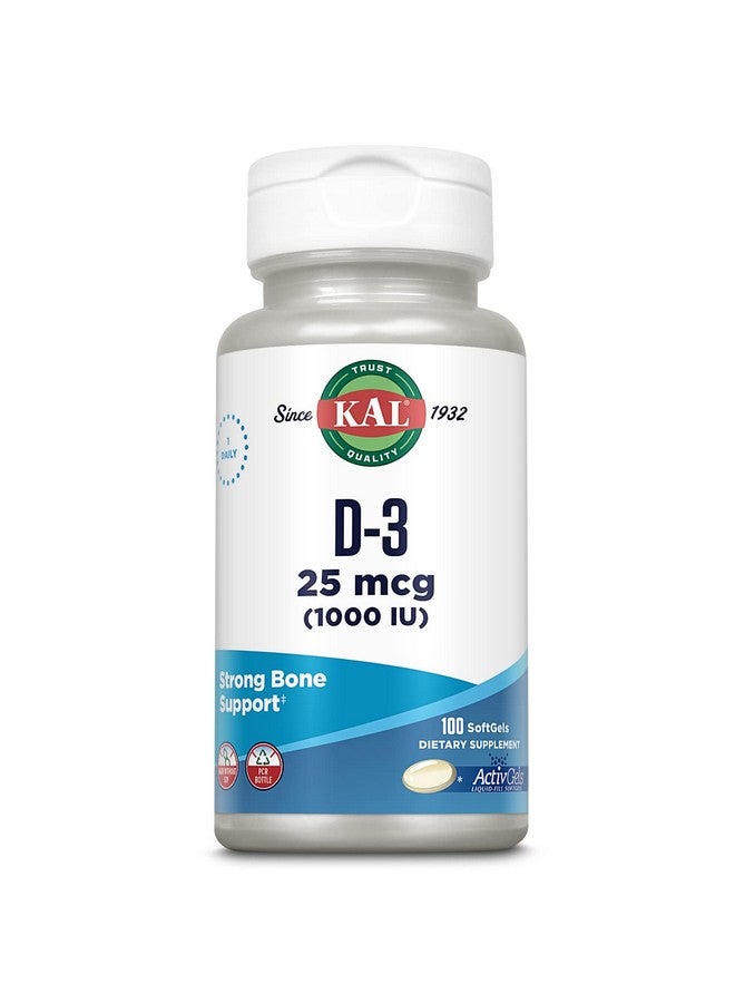 KAL Vitamin D3 1000 Iu Softgels (25 Mcg) Active Form Of Vitamin D Calcium Absorption Bone Health Immune Support Supplement Liquid Filled Activgel Made Without Soy 100 Servings 100 Softgels - Image 1