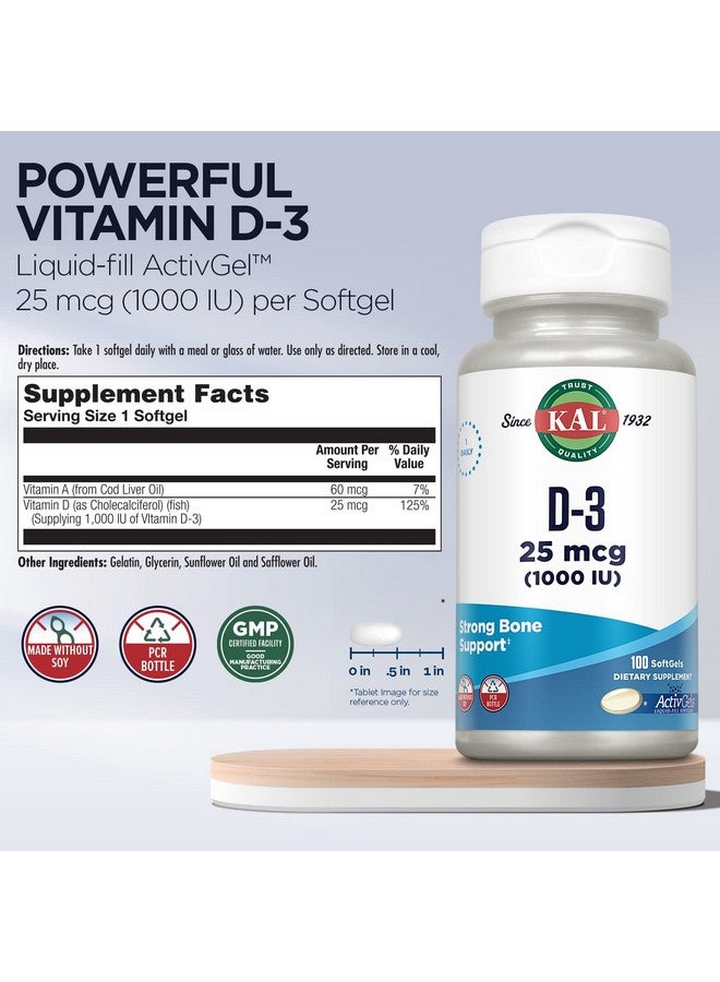 KAL Vitamin D3 1000 Iu Softgels (25 Mcg) Active Form Of Vitamin D Calcium Absorption Bone Health Immune Support Supplement Liquid Filled Activgel Made Without Soy 100 Servings 100 Softgels - Image 4