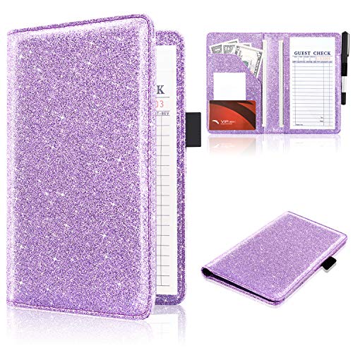 ACdream Server Books for Waitress, Guest Book Note Pad, Cute Pocket Leather Money Organizer Wallet, Cash Check Bill Receipt Holder Presenter, Waiter Accessories, Glitter Purple - Image 1