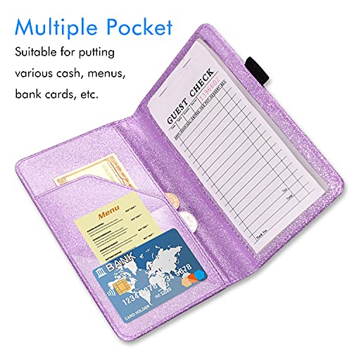 ACdream Server Books for Waitress, Guest Book Note Pad, Cute Pocket Leather Money Organizer Wallet, Cash Check Bill Receipt Holder Presenter, Waiter Accessories, Glitter Purple - Image 3