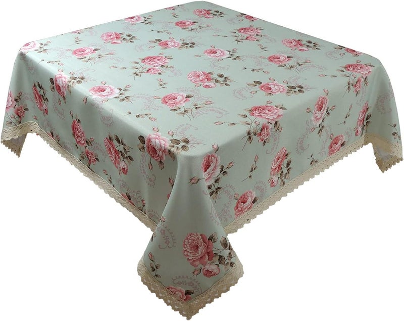 YEESSION Floral Print Polyester Square Tablecloth 38 x 38 Inch Stain Resistant and Waterproof Wine Tablecloth for Kitchen Dining Indoor Outdoor Buffet Tabletop Decoration (Light Green) - Image 1
