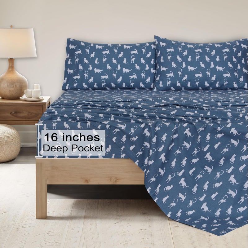 ZOYER Flannel Sheets Full Size - 100% Cotton Double Brushed Bed Sheets Set, Deep Pockets 16 Inches, All Seasons Breathable & Extra Soft Full Sheets, Warm & Cozy, 4 Piece, White Cat - Image 5