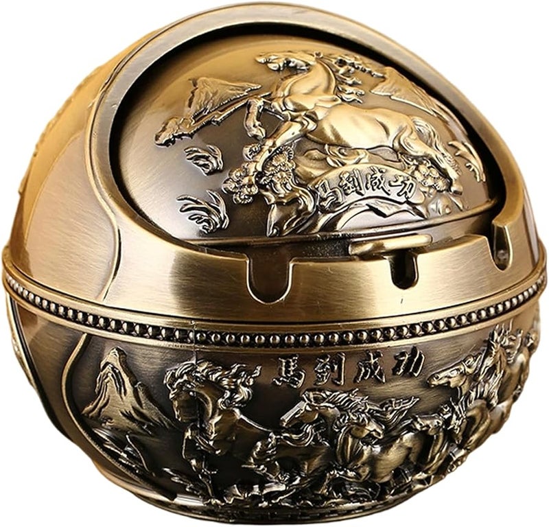 Vintage Metal Ashtray with Lid Portable Windproof for Home Car Office Decorative - Image 2