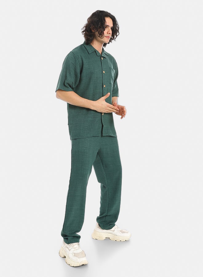 Red Circle Linen Turn Down Collar Shirt and Pants Set - Image 2