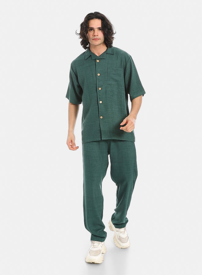 Red Circle Linen Turn Down Collar Shirt and Pants Set - Image 1