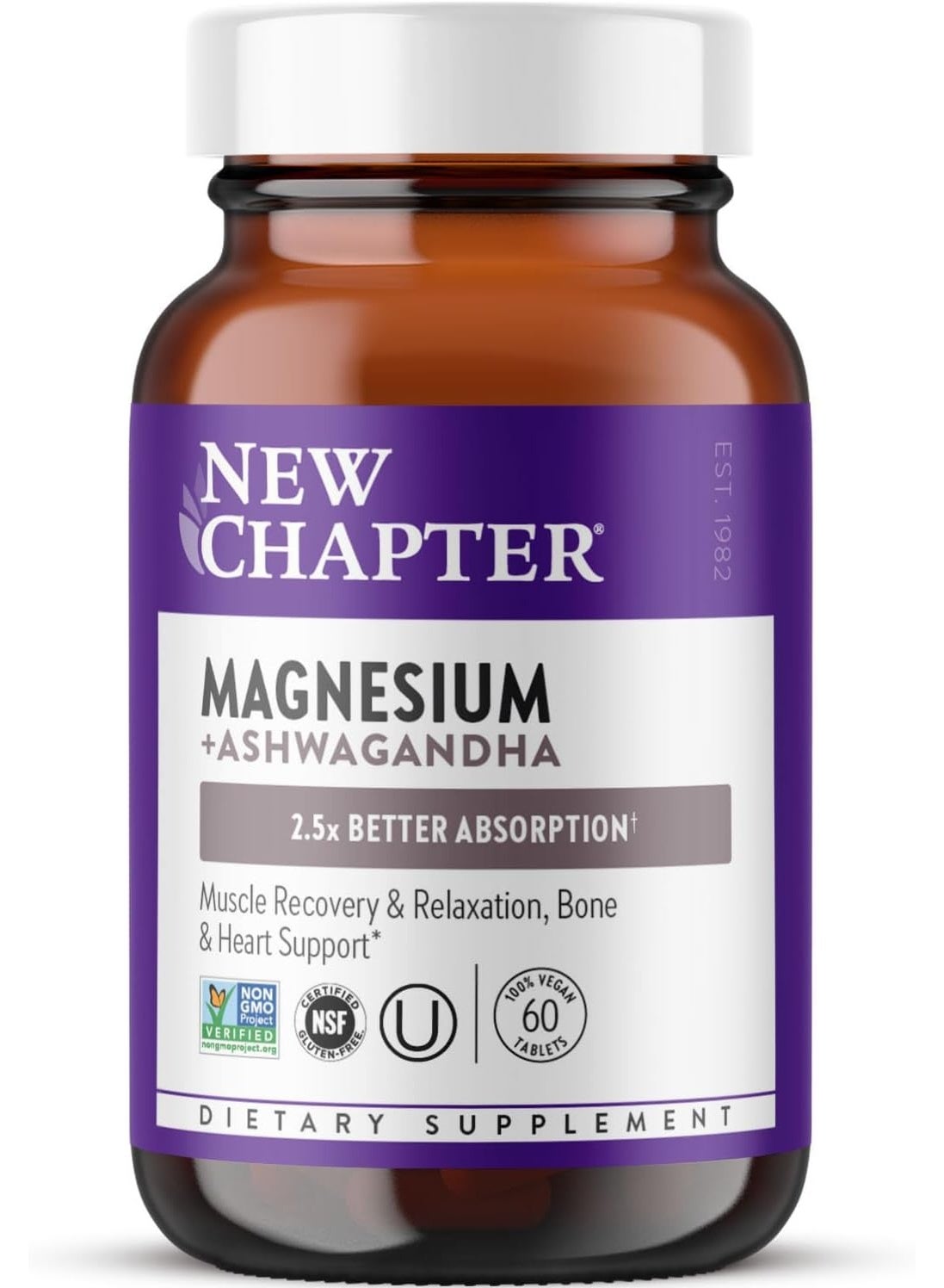 New Chapter Magnesium + Ashwagandha Supplement, 325 mg with Magnesium Glycinate for Muscle Relaxation & Recovery, Heart, Nerve & Bone Health, 2.5X Absorption, Non-GMO - 60 ct (2 Month Supply)