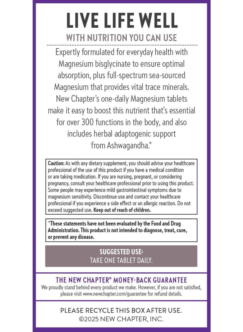 New Chapter Magnesium + Ashwagandha Supplement, 325 mg with Magnesium Glycinate for Muscle Relaxation & Recovery, Heart, Nerve & Bone Health, 2.5X Absorption, Non-GMO - 60 ct (2 Month Supply) - Image 3