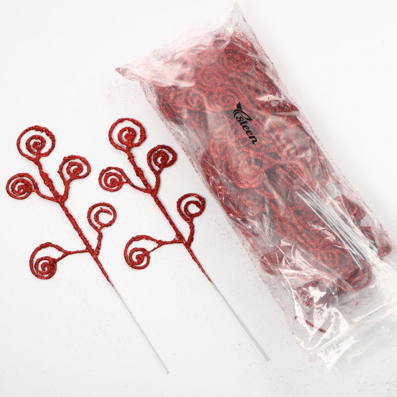 Ysleen 50 Pcs Glitter Tree Picks and Sprays Twigs Artificial Curly Stem Picks Ornaments 12 Inch Branches Sticks for Wreath Vase Fillers Gift Decoration(Red) - Image 5