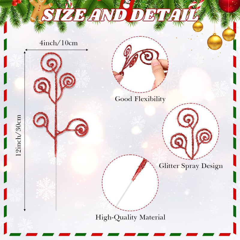 Ysleen 50 Pcs Glitter Tree Picks and Sprays Twigs Artificial Curly Stem Picks Ornaments 12 Inch Branches Sticks for Wreath Vase Fillers Gift Decoration(Red) - Image 2