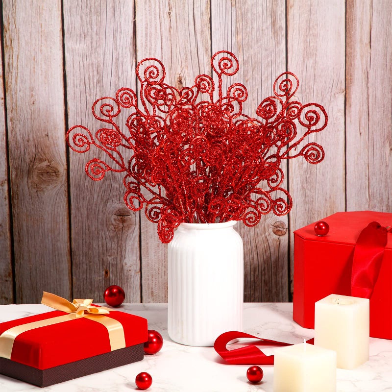 Ysleen 50 Pcs Glitter Tree Picks and Sprays Twigs Artificial Curly Stem Picks Ornaments 12 Inch Branches Sticks for Wreath Vase Fillers Gift Decoration(Red) - Image 3