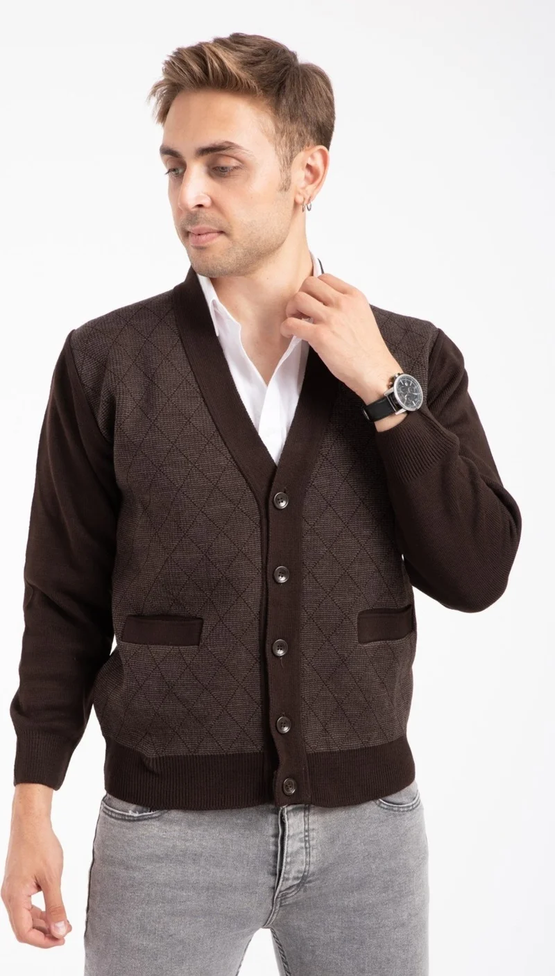 موتلو سيتي Men's Middle Age and Above Knitwear Knit Acrylic Winter Dad Cardigan 2057-Coffee-Buttoned