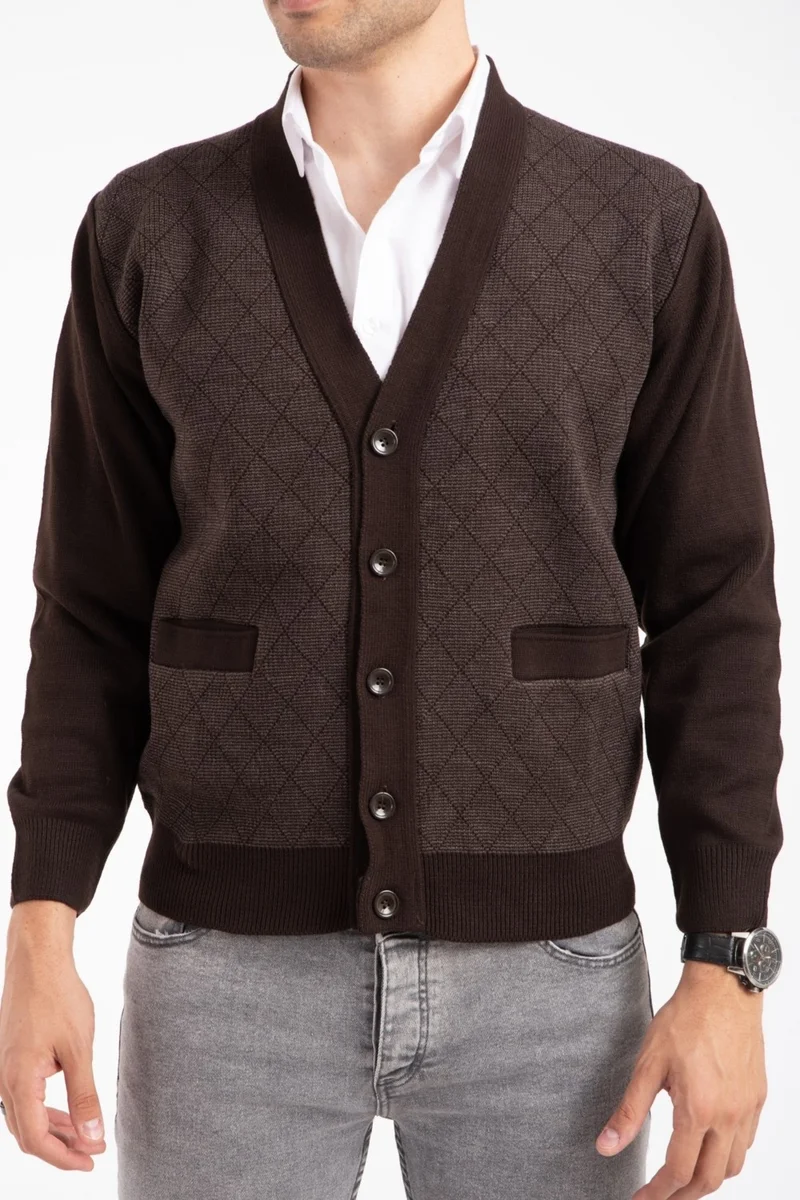 موتلو سيتي Men's Middle Age and Above Knitwear Knit Acrylic Winter Dad Cardigan 2057-Coffee-Buttoned