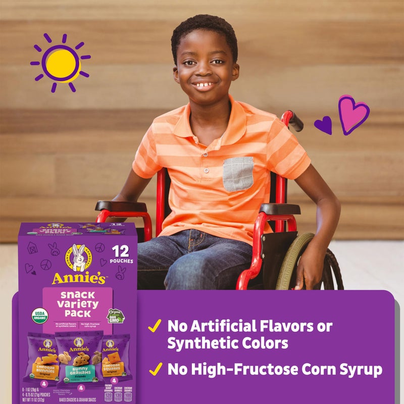 Annie's Organic Variety Pack, Cheddar Bunnies, Bunny Grahams and Cheddar Squares, 12 Pouches, 11 oz - Image 5