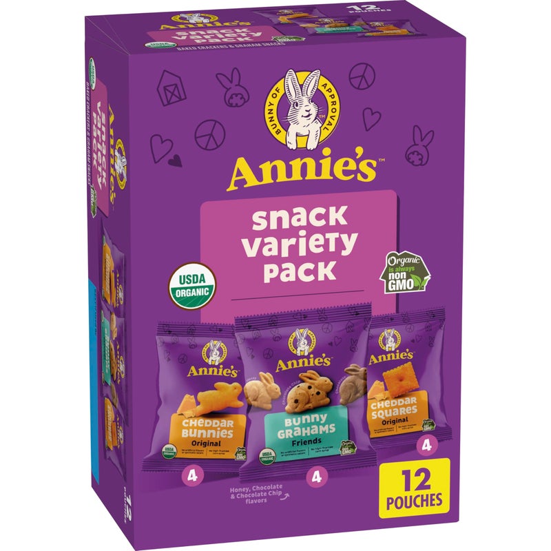 Annie's Organic Variety Pack, Cheddar Bunnies, Bunny Grahams and Cheddar Squares, 12 Pouches, 11 oz - Image 1